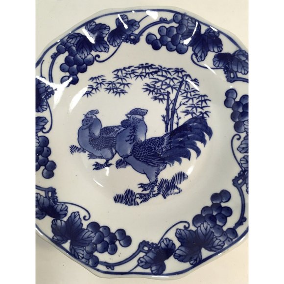 Taoci Chinese Rooster Plate Blue White Pottery Dish Ceramic Grapes Trees Vntg - Picture 3 of 8